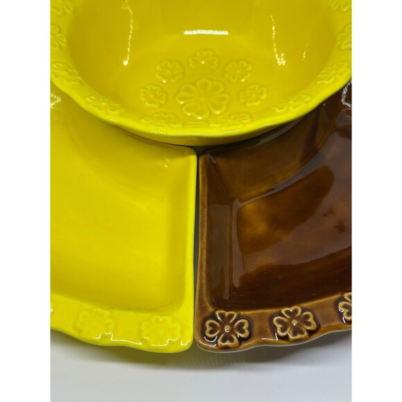 VTG California Pottery 5‑Piece Lazy Susan Chip & Dip Set – 12″ Brown Yellow USA - Picture 3 of 9